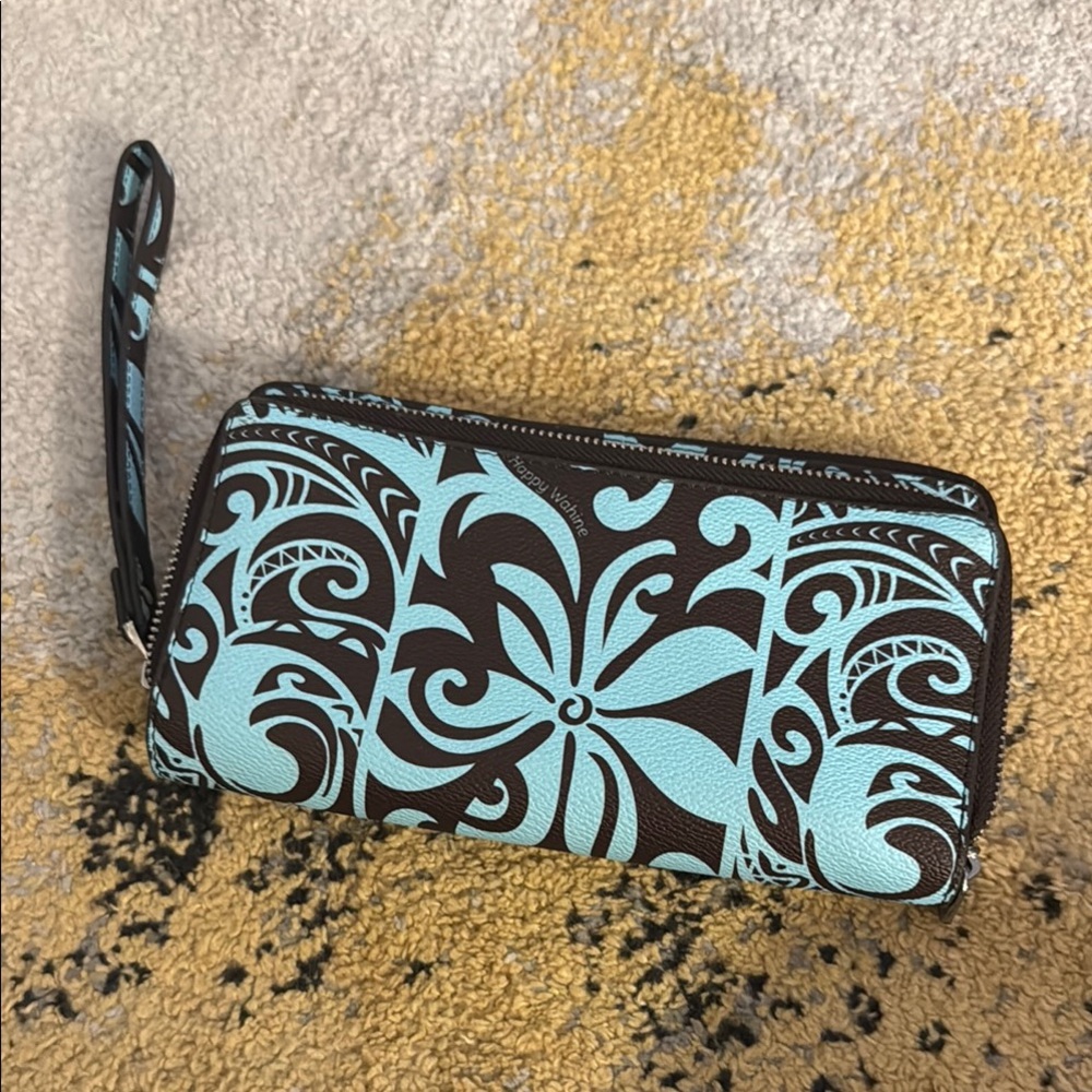 Happy Wahine Hawaiian teal/brown  floral wristlet wallet